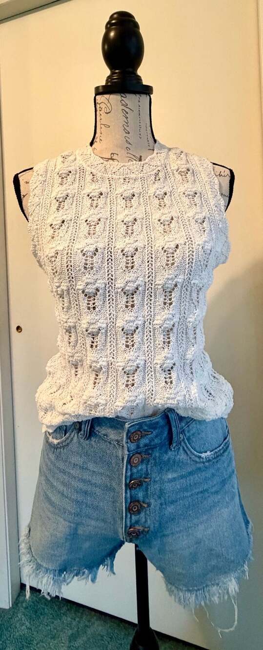 MNG Mango Crochet Knitted Pointelle Sleeveless Top in Cream Medium